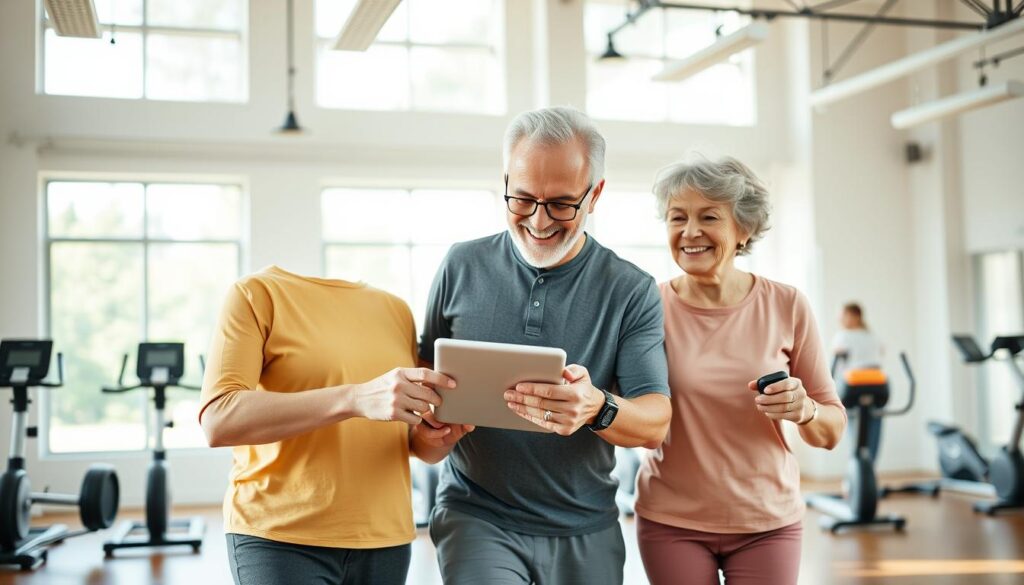 An active senior couple engaged in physical exercise while using modern technology, set in a bright, spacious indoor gym. The foreground features the elderly couple in modest, casual workout attire, smiling as they interact with fitness apps on a tablet, demonstrating a balance of traditional exercise and innovation. In the middle ground, various exercise equipment and smart devices, like fitness trackers and virtual trainers, emphasize the integration of technology in their fitness routine. The background includes large windows allowing natural light to flood in, creating an uplifting atmosphere. Capture the scene from a slightly elevated angle, focusing on their joyful expressions and the harmonious blend of fitness and technology for a vibrant, inspiring mood. An active senior couple engaged in physical exercise while using modern technology, set in a bright, spacious indoor gym. The foreground features the elderly couple in modest, casual workout attire, smiling as they interact with fitness apps on a tablet, demonstrating a balance of traditional exercise and innovation. In the middle ground, various exercise equipment and smart devices, like fitness trackers and virtual trainers, emphasize the integration of technology in their fitness routine. The background includes large windows allowing natural light to flood in, creating an uplifting atmosphere. Capture the scene from a slightly elevated angle, focusing on their joyful expressions and the harmonious blend of fitness and technology for a vibrant, inspiring mood.