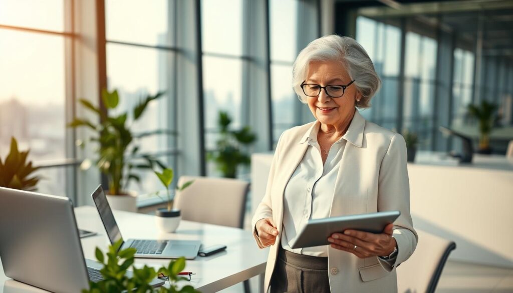 An elderly entrepreneur, a gracious woman in professional attire, stands confidently in a modern workspace surrounded by advanced technology. In the foreground, she is engaged with a tablet, analyzing data with a thoughtful expression. The middle ground showcases a sleek desk with a laptop, innovative gadgets like smart assistants, and plants symbolizing growth and longevity. The background reveals a bright, airy office filled with large windows that let in natural light, contrasting against a soft, blurred city skyline. The scene exudes an atmosphere of empowerment and positivity, highlighting the blend of experience and modern technology. The lighting is warm and inviting, creating a sense of hope and inspiration for the future.