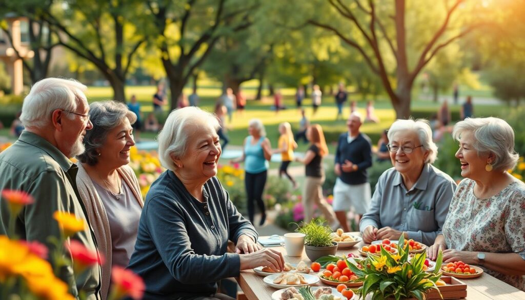 An inspiring scene depicting active longevity through vibrant social interactions. In the foreground, a diverse group of older adults, dressed in comfortable yet professional casual clothing, share joyful laughter while engaging in a lively conversation over a table filled with healthy food. In the middle, lush greenery and colorful flowers suggest a thriving community park, filled with people participating in various activities like yoga and walking. The background features gentle sunlight filtering through the trees, creating a warm and inviting atmosphere. The image captures a sense of connection and vitality, showcasing the heart of social relationships that contribute to a fulfilling, long life. Aim for a bright and uplifting mood, with soft focus on the edges to highlight the central group.