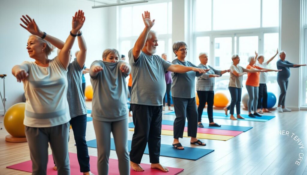 An inspiring scene of elderly individuals engaging in physical exercises specifically designed for seniors, taking place in a bright, airy indoor fitness studio. In the foreground, a diverse group of older adults in comfortable, modest athletic wear performs gentle stretches and balance exercises, showcasing a variety of cultures and body types. The middle ground features exercise equipment adapted for senior use, with colorful yoga mats and stability balls. In the background, large windows let in soft, natural light, lending a warm and inviting atmosphere to the scene. The mood is uplifting and positive, reflecting vitality, community, and the embracing of modern fitness technology for longevity. The composition is captured with a wide-angle lens to convey the open space and the interaction among the participants. An inspiring scene of elderly individuals engaging in physical exercises specifically designed for seniors, taking place in a bright, airy indoor fitness studio. In the foreground, a diverse group of older adults in comfortable, modest athletic wear performs gentle stretches and balance exercises, showcasing a variety of cultures and body types. The middle ground features exercise equipment adapted for senior use, with colorful yoga mats and stability balls. In the background, large windows let in soft, natural light, lending a warm and inviting atmosphere to the scene. The mood is uplifting and positive, reflecting vitality, community, and the embracing of modern fitness technology for longevity. The composition is captured with a wide-angle lens to convey the open space and the interaction among the participants.
